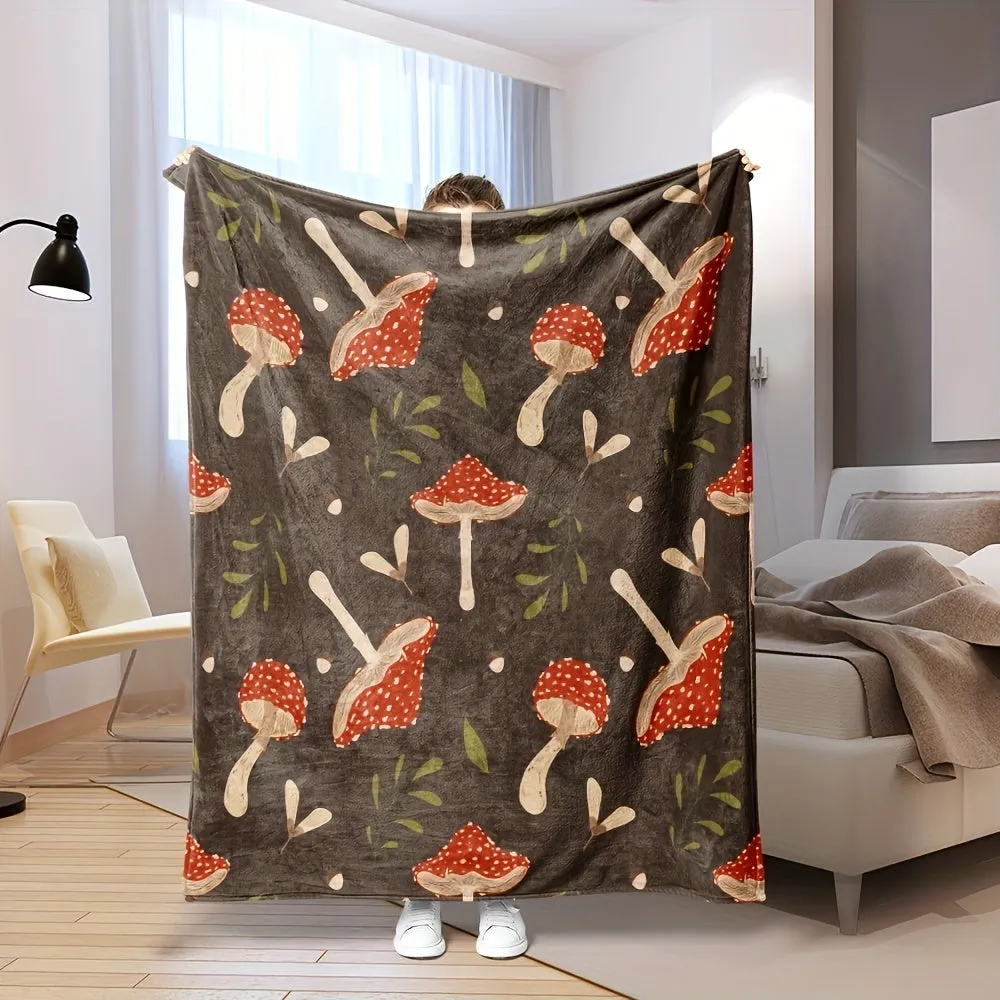 1pc Cozy Mushroom Print Flannel Blanket - Soft, Warm, and Versatile for Living Room, Bedroom, Office, and School - Perfect Home Gift Decor for All Seasons