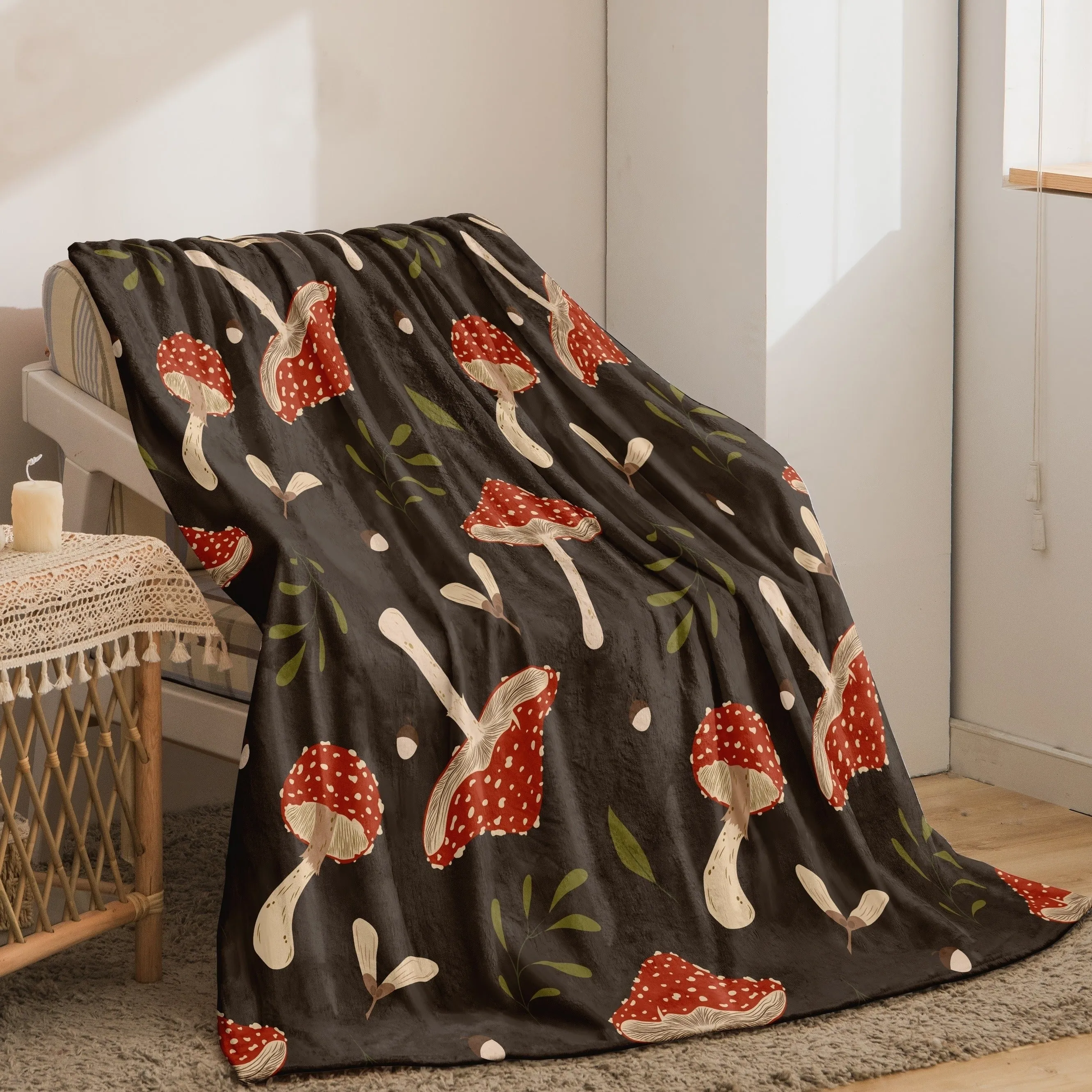 1pc Cozy Mushroom Print Flannel Blanket - Soft, Warm, and Versatile for Living Room, Bedroom, Office, and School - Perfect Home Gift Decor for All Seasons