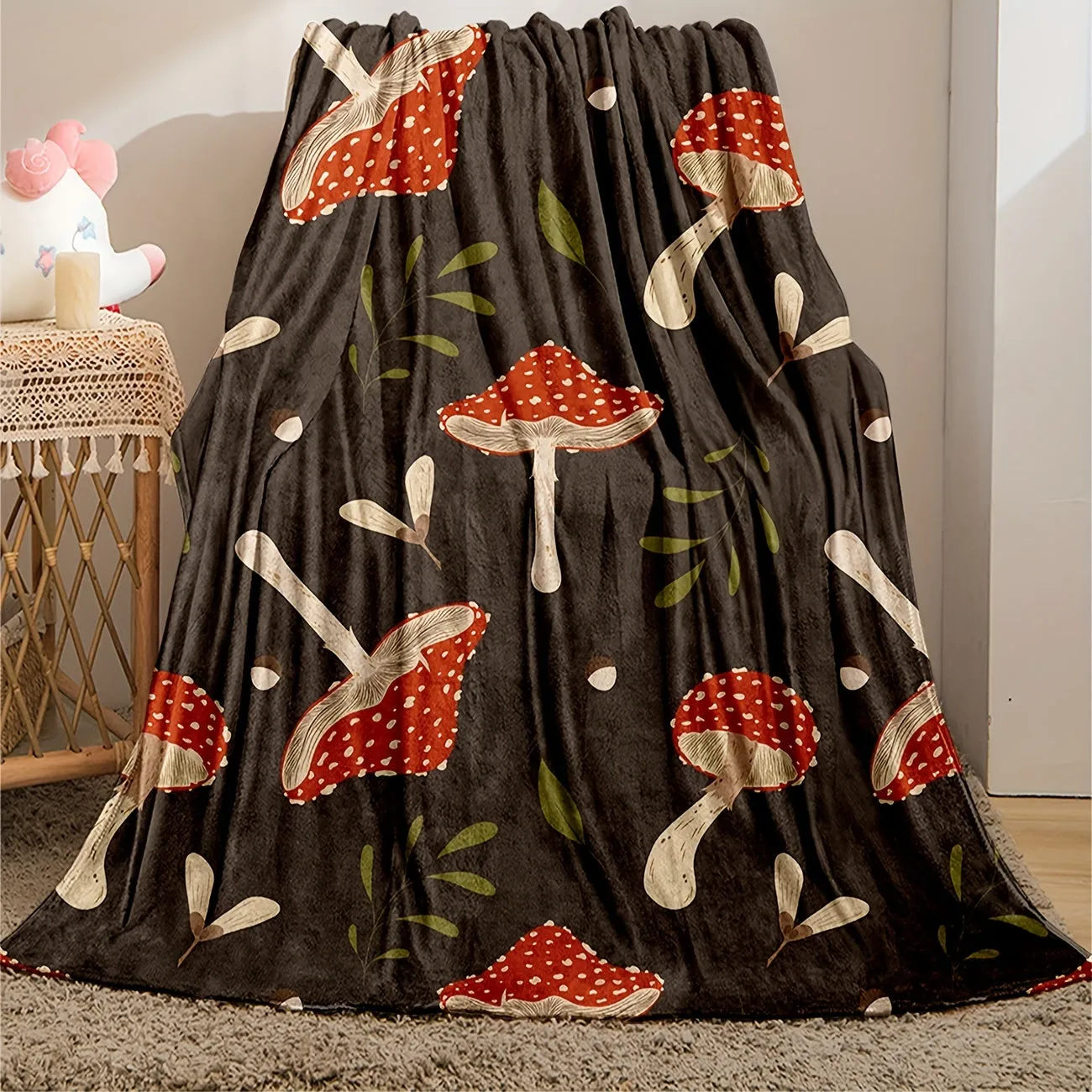 1pc Cozy Mushroom Print Flannel Blanket - Soft, Warm, and Versatile for Living Room, Bedroom, Office, and School - Perfect Home Gift Decor for All Seasons