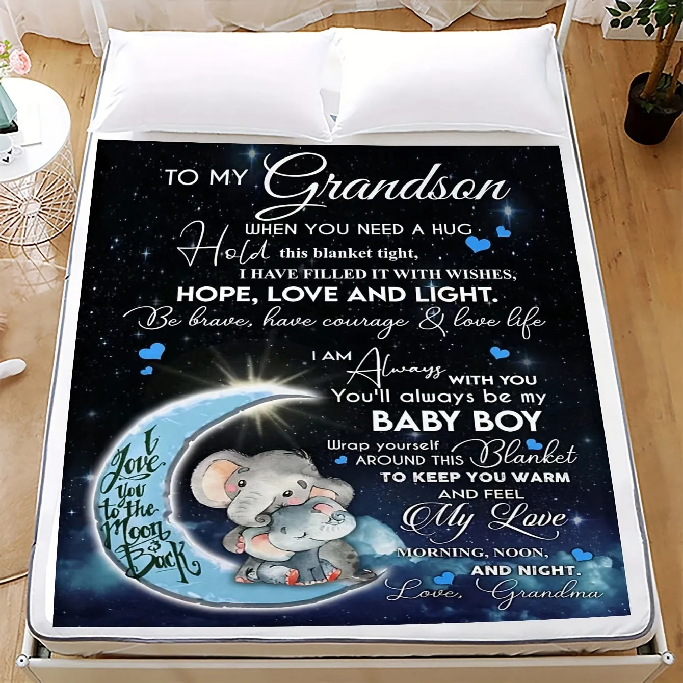 1pc Elephant Printed Flannel Blanket, To My Grandson From Grandma Envelope Blanket For All Season, Warm Cozy Soft Throw Blanket Nap Blanket For Couch Bed Sofa Office Camping Travel Home Decor, Holiday Gift Blanket For Grandson Ramadan