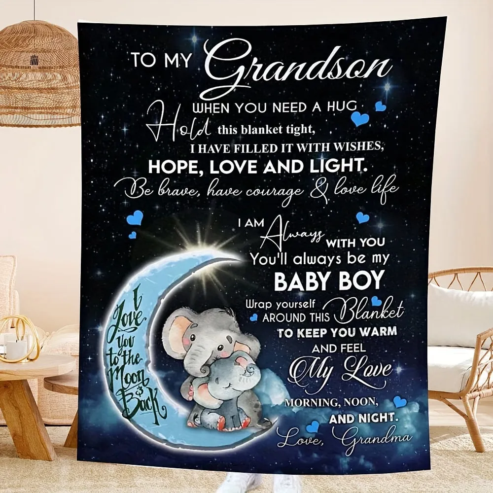 1pc Elephant Printed Flannel Blanket, To My Grandson From Grandma Envelope Blanket For All Season, Warm Cozy Soft Throw Blanket Nap Blanket For Couch Bed Sofa Office Camping Travel Home Decor, Holiday Gift Blanket For Grandson Ramadan