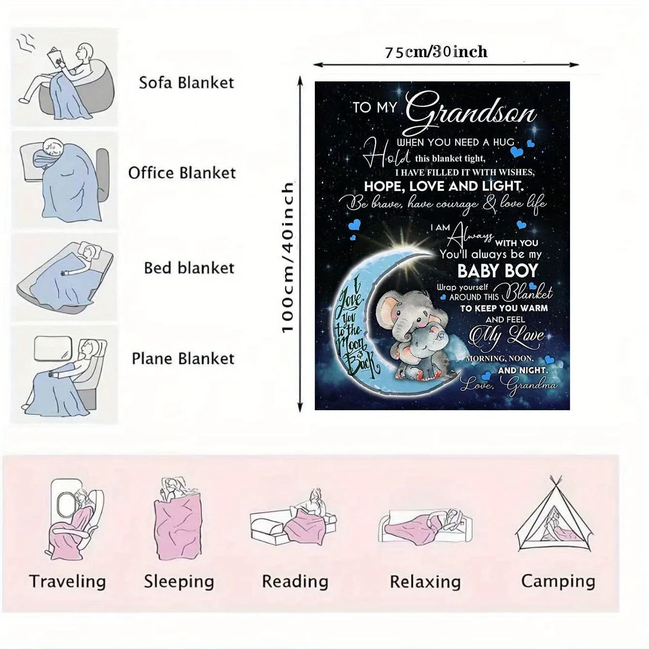 1pc Elephant Printed Flannel Blanket, To My Grandson From Grandma Envelope Blanket For All Season, Warm Cozy Soft Throw Blanket Nap Blanket For Couch Bed Sofa Office Camping Travel Home Decor, Holiday Gift Blanket For Grandson Ramadan