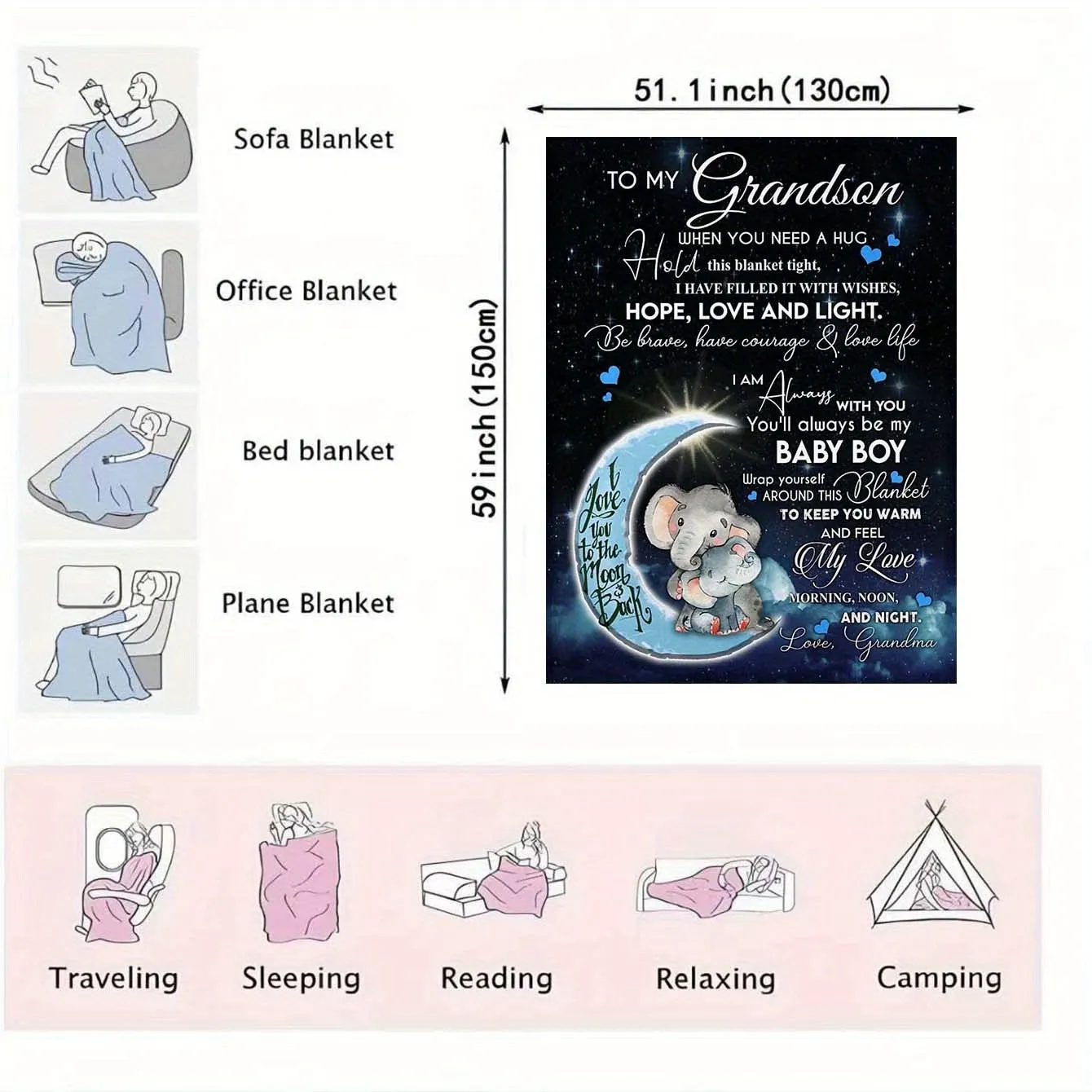 1pc Elephant Printed Flannel Blanket, To My Grandson From Grandma Envelope Blanket For All Season, Warm Cozy Soft Throw Blanket Nap Blanket For Couch Bed Sofa Office Camping Travel Home Decor, Holiday Gift Blanket For Grandson Ramadan