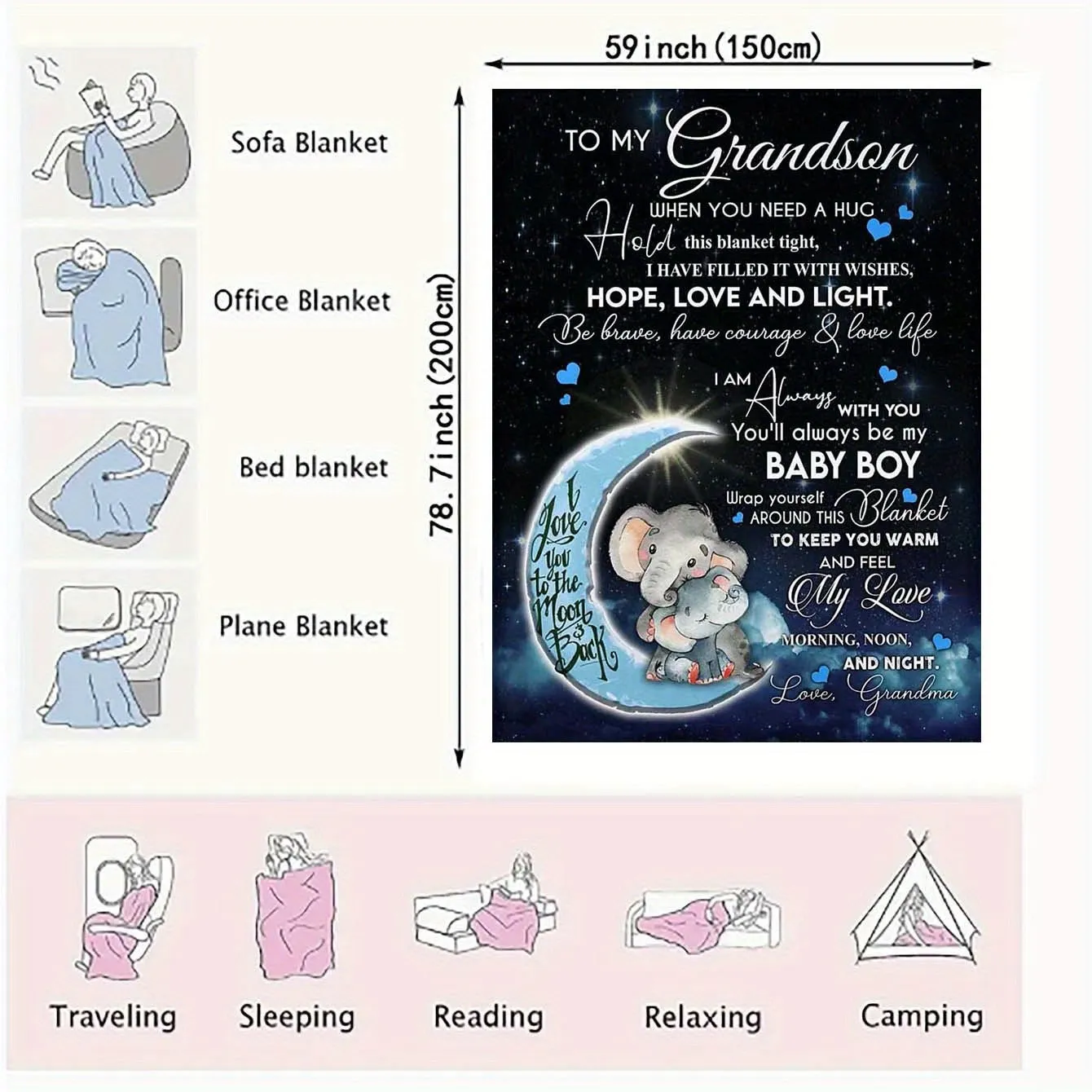 1pc Elephant Printed Flannel Blanket, To My Grandson From Grandma Envelope Blanket For All Season, Warm Cozy Soft Throw Blanket Nap Blanket For Couch Bed Sofa Office Camping Travel Home Decor, Holiday Gift Blanket For Grandson Ramadan