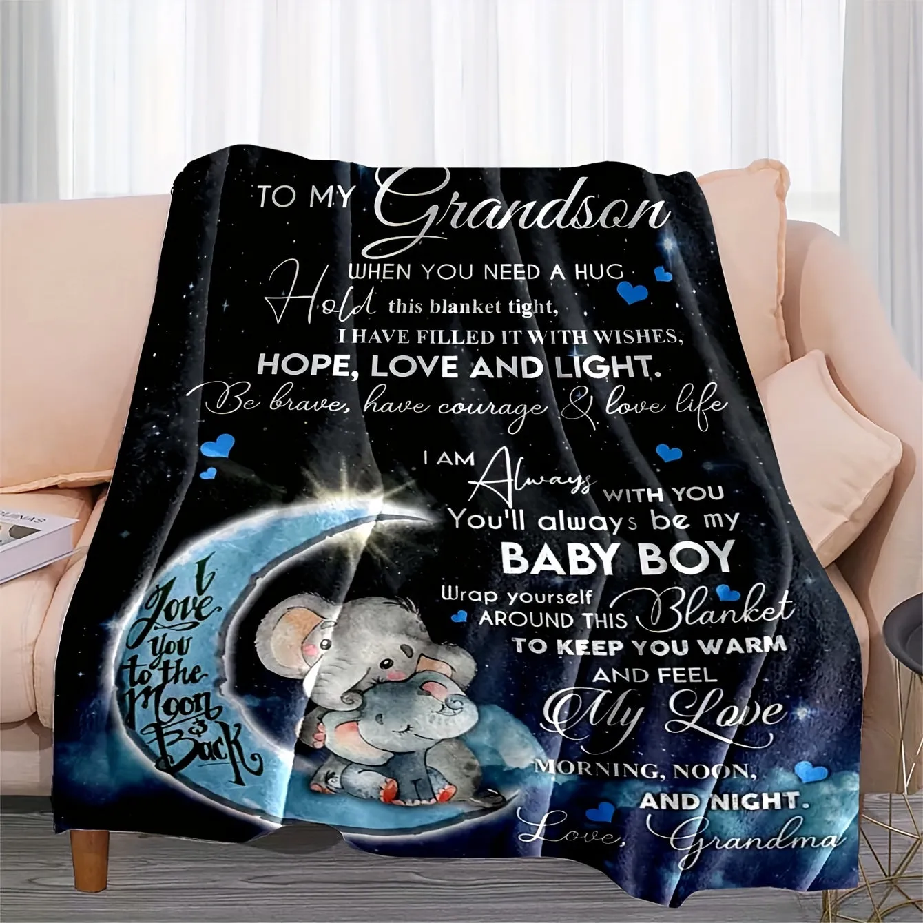 1pc Elephant Printed Flannel Blanket, To My Grandson From Grandma Envelope Blanket For All Season, Warm Cozy Soft Throw Blanket Nap Blanket For Couch Bed Sofa Office Camping Travel Home Decor, Holiday Gift Blanket For Grandson Ramadan