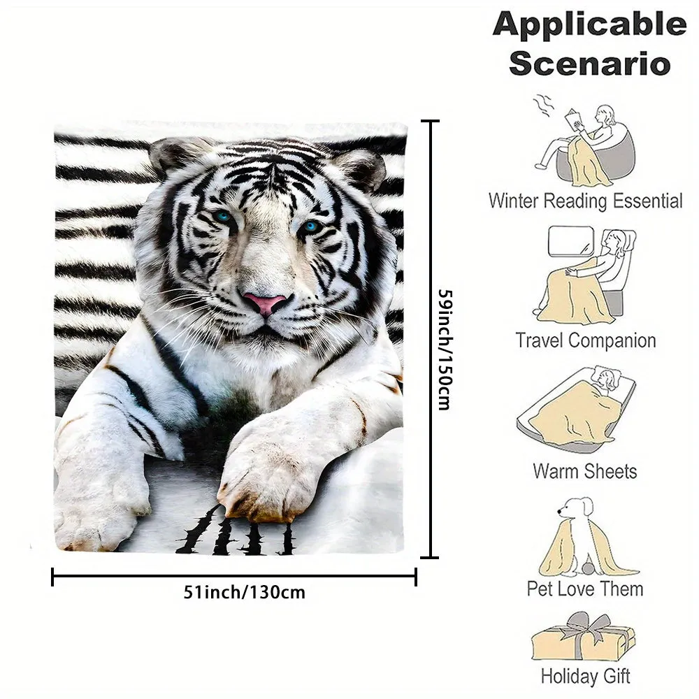 1pc White Tiger Printed Flannel Blanket - Luxuriously Soft & Cozy for Adults - Eye-Catching Design - Versatile Use at Home, Picnics, and Travel - Perfect Gift Option