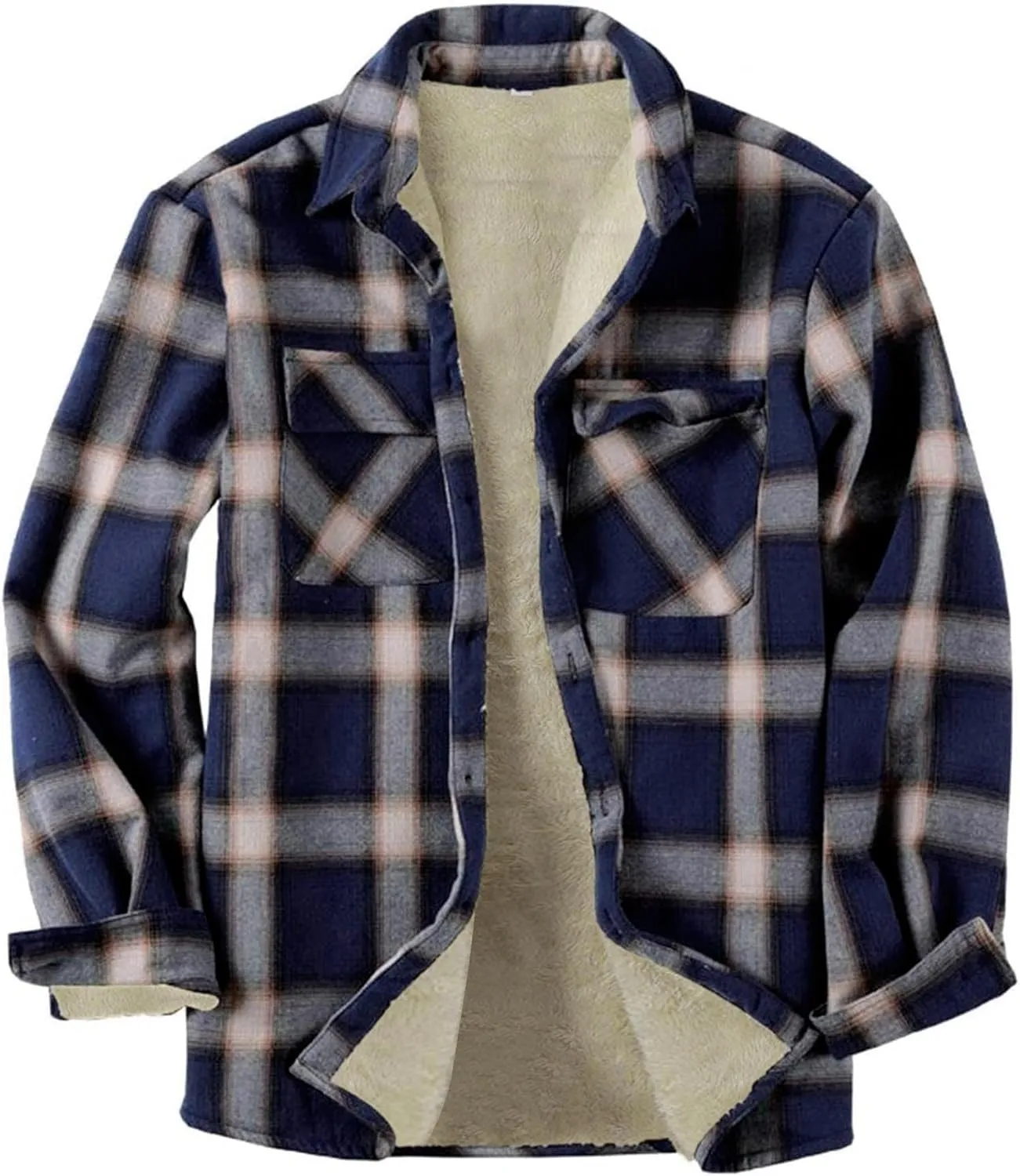 Beotyshow Mens Sherpa Fleece Lined Flannel Shirt Jacket Long Sleeve Button Down Plaid Winter Jacket