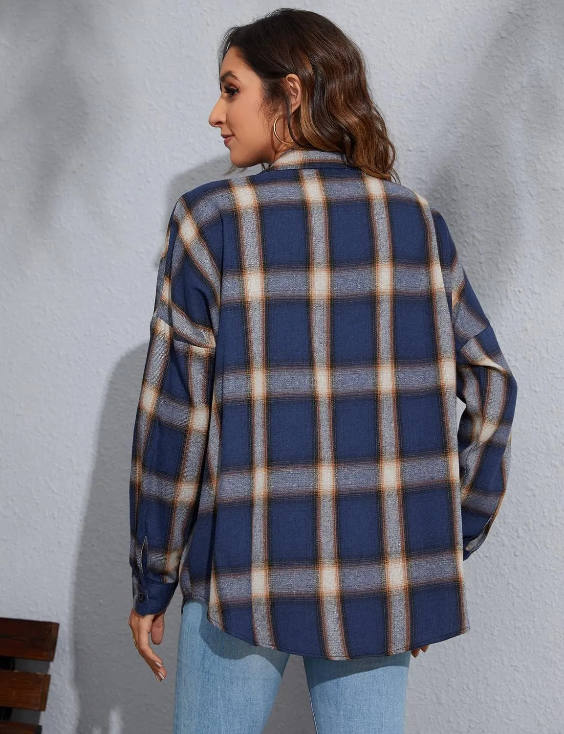 Blooming Jelly Women's Button Down Flannel Shirts Plaid Shacket Long Sleeve Collared Business Casual Tops Work Blouses