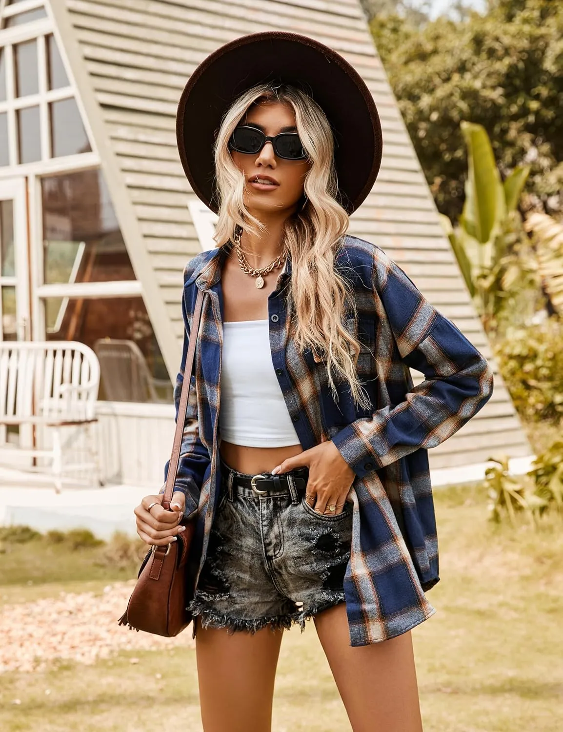 Blooming Jelly Women's Button Down Flannel Shirts Plaid Shacket Long Sleeve Collared Business Casual Tops Work Blouses