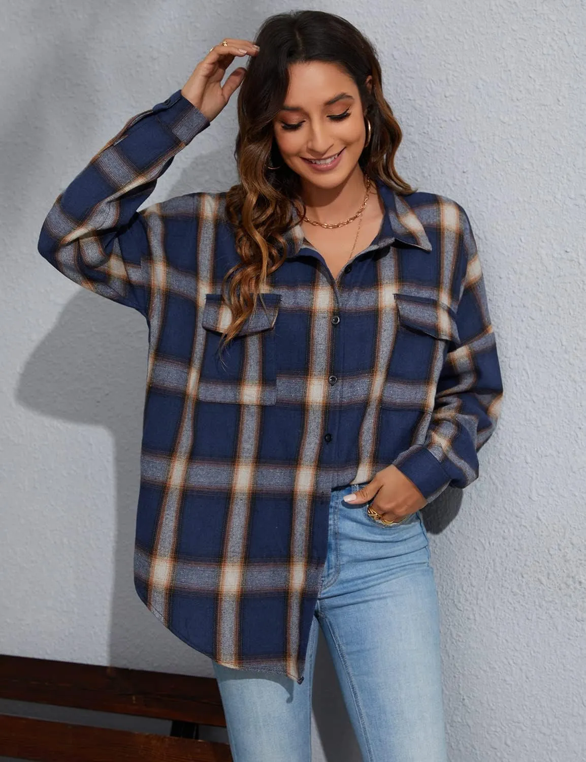 Blooming Jelly Women's Button Down Flannel Shirts Plaid Shacket Long Sleeve Collared Business Casual Tops Work Blouses