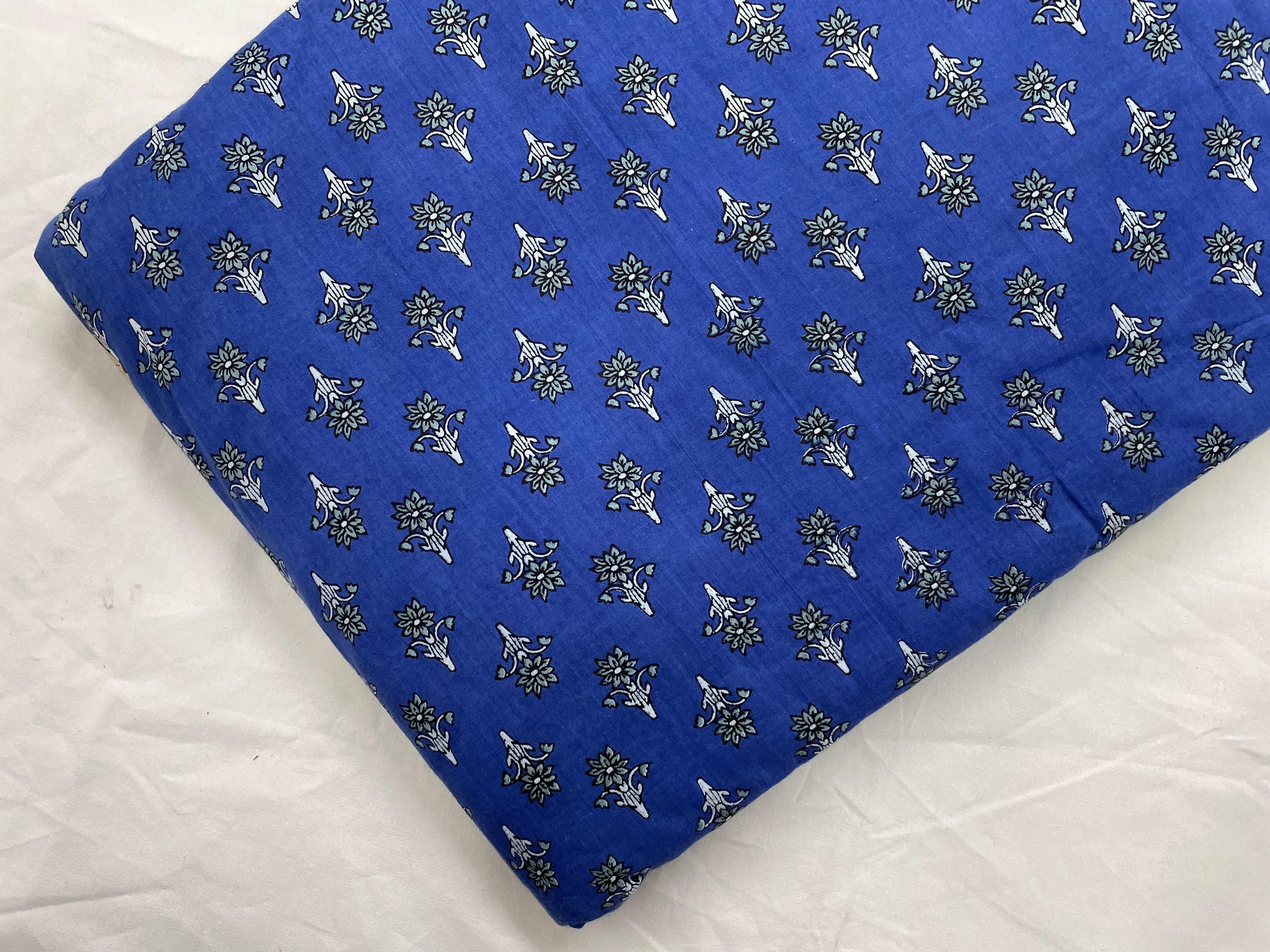 Blue Handblock Floral Print Cotton Fabric