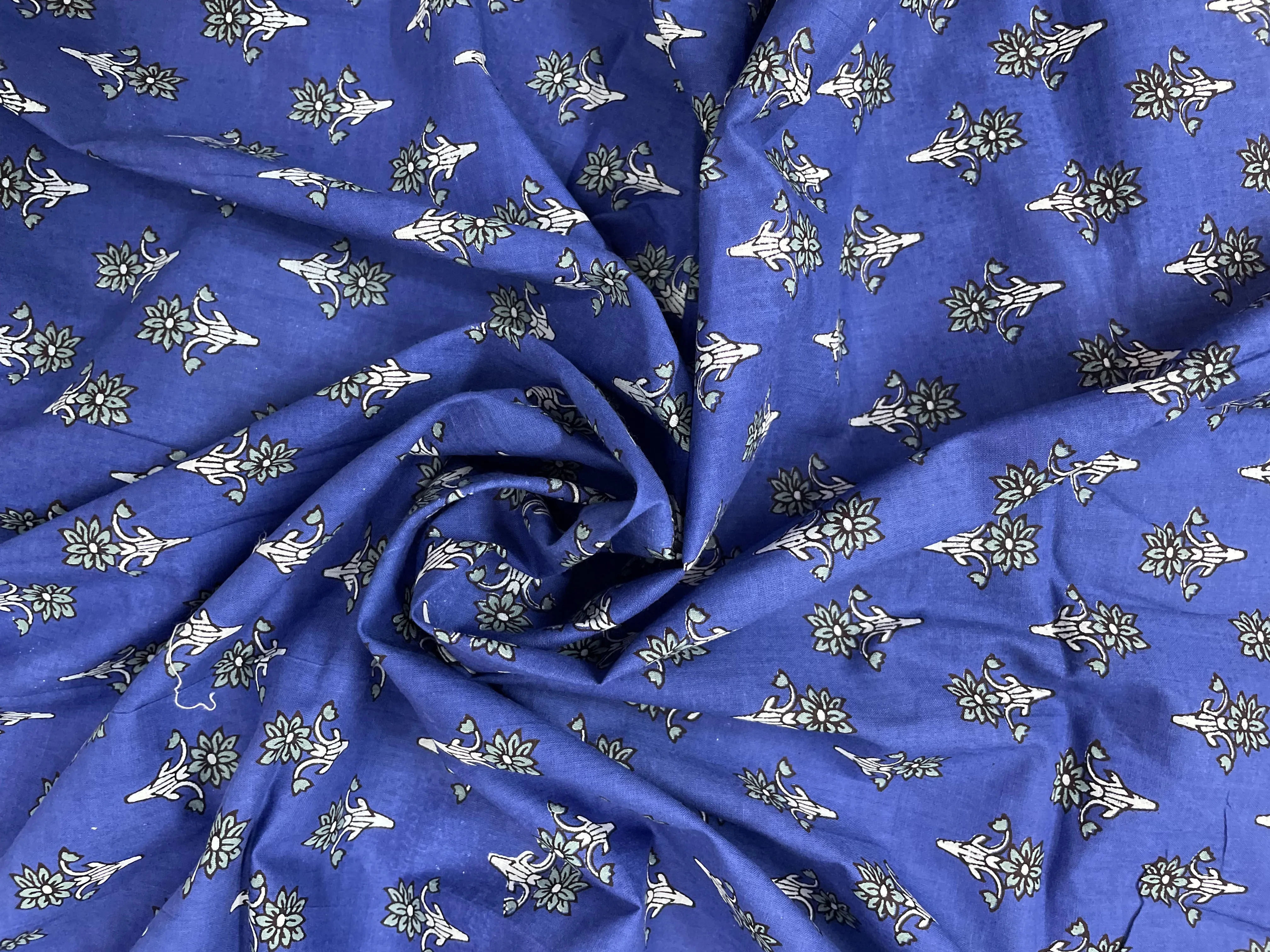Blue Handblock Floral Print Cotton Fabric