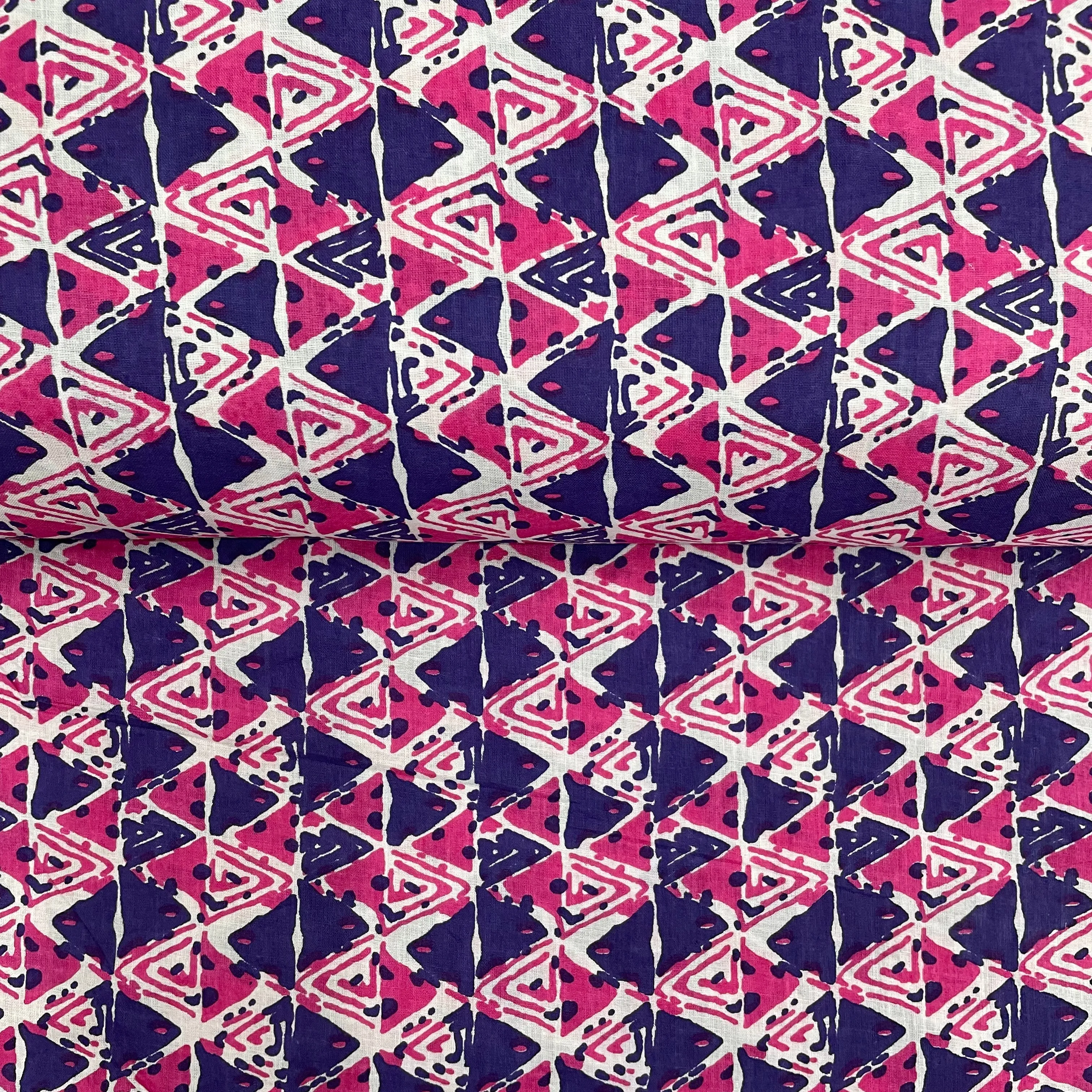Blue With Pink Geometrical Print Cotton Fabric
