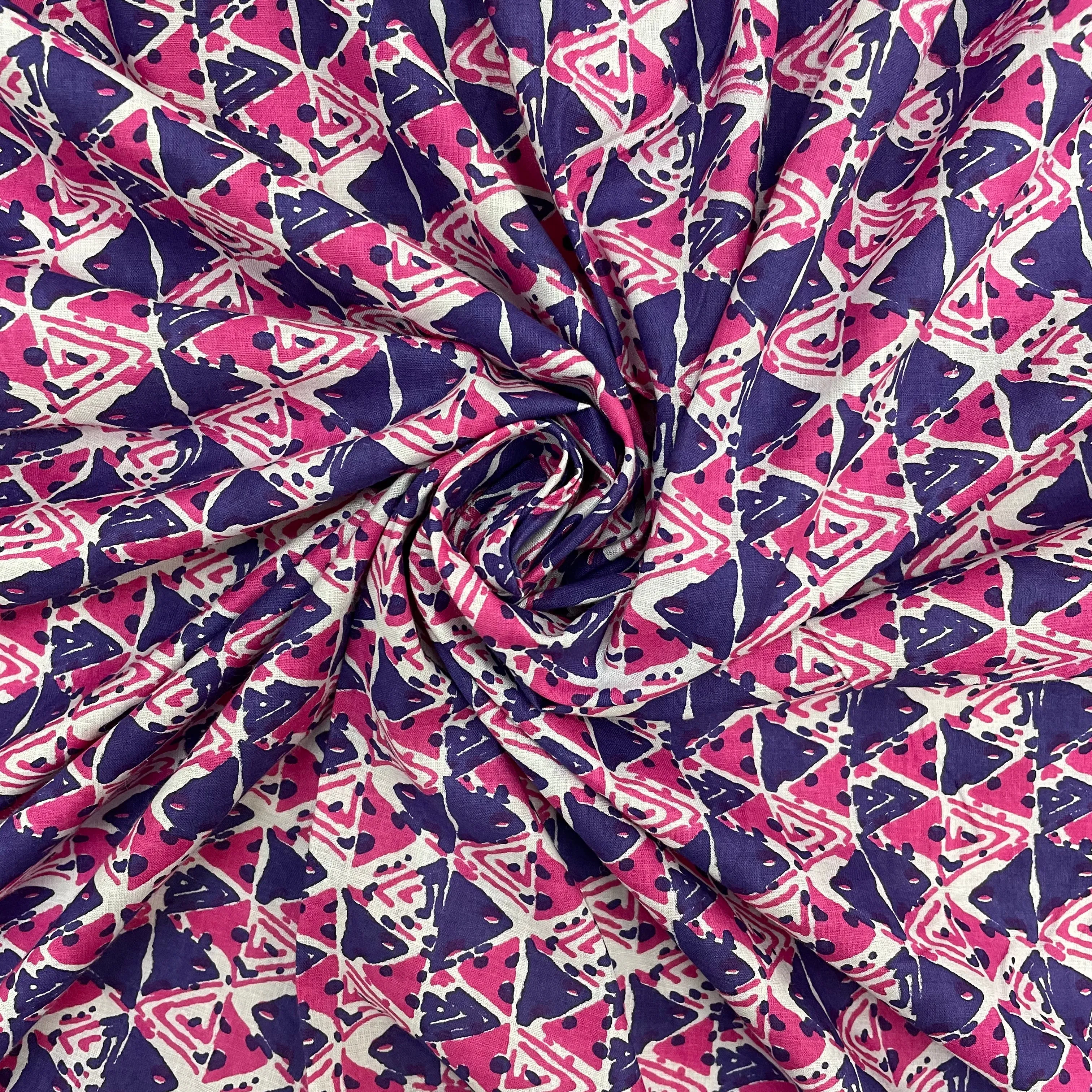 Blue With Pink Geometrical Print Cotton Fabric