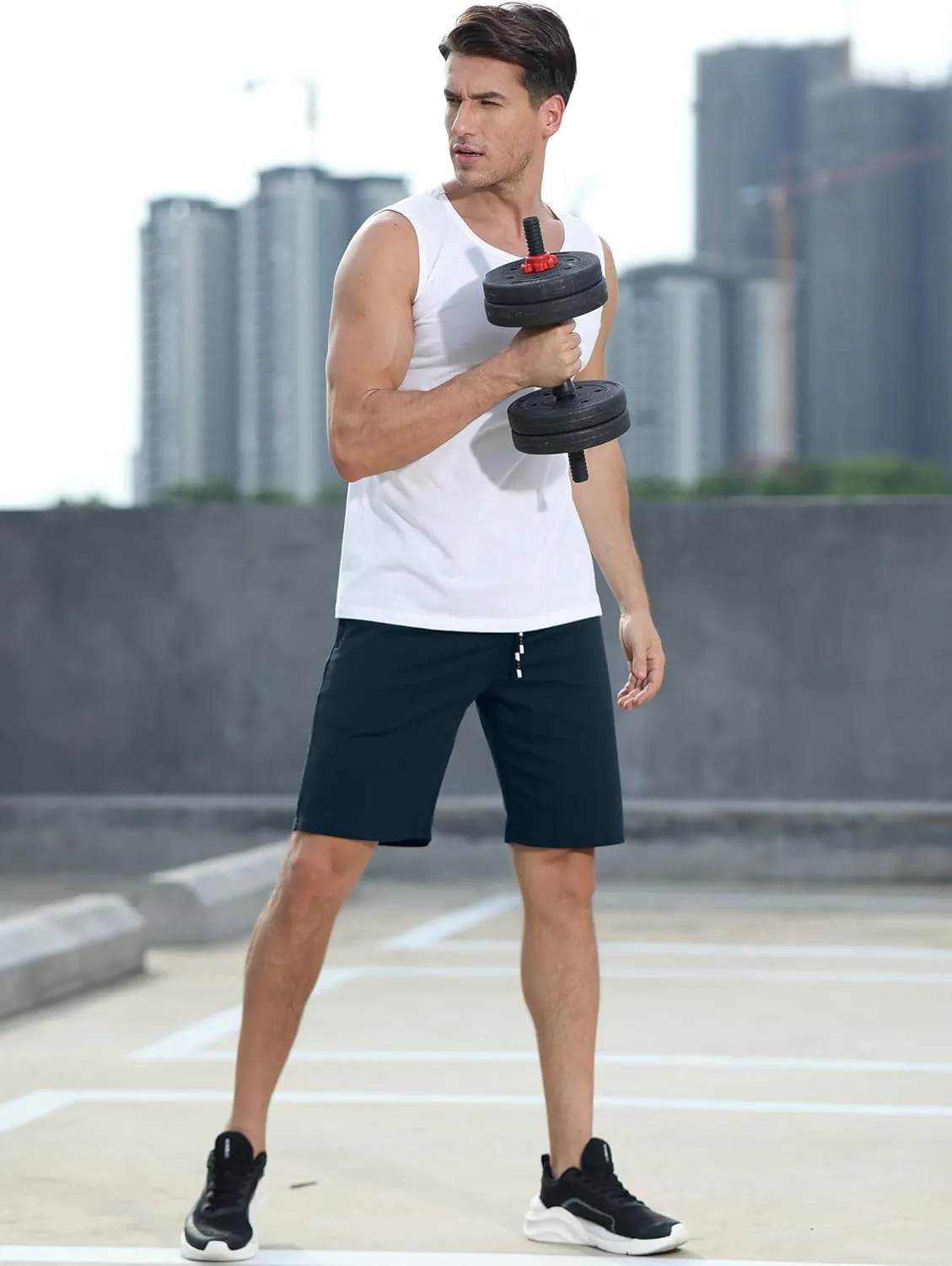Boisouey Mens Casual Shorts Cotton Drawstring Elastic Waist with Zipper Pockets
