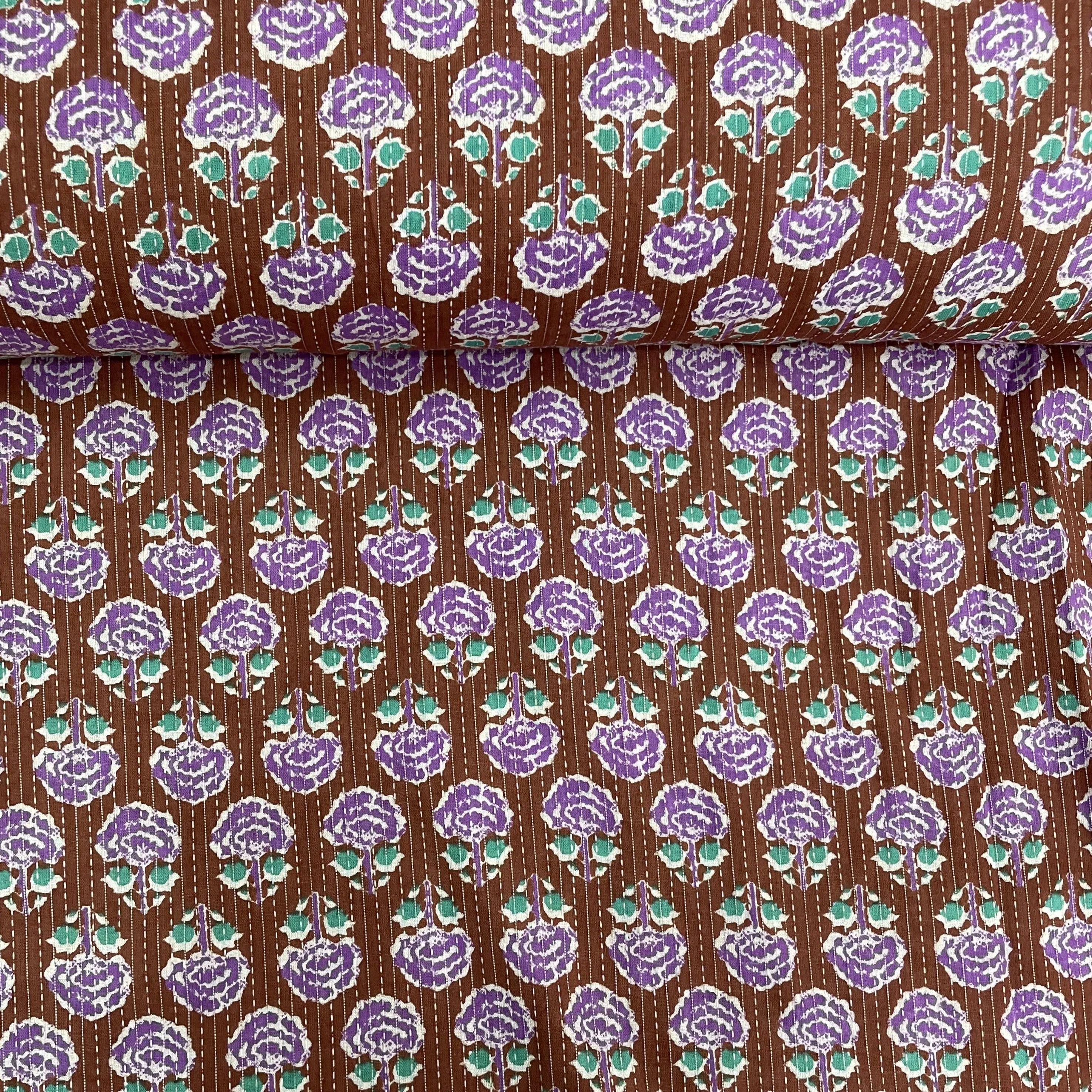 Brown & Purple Handblock Kantha Cotton Fabric