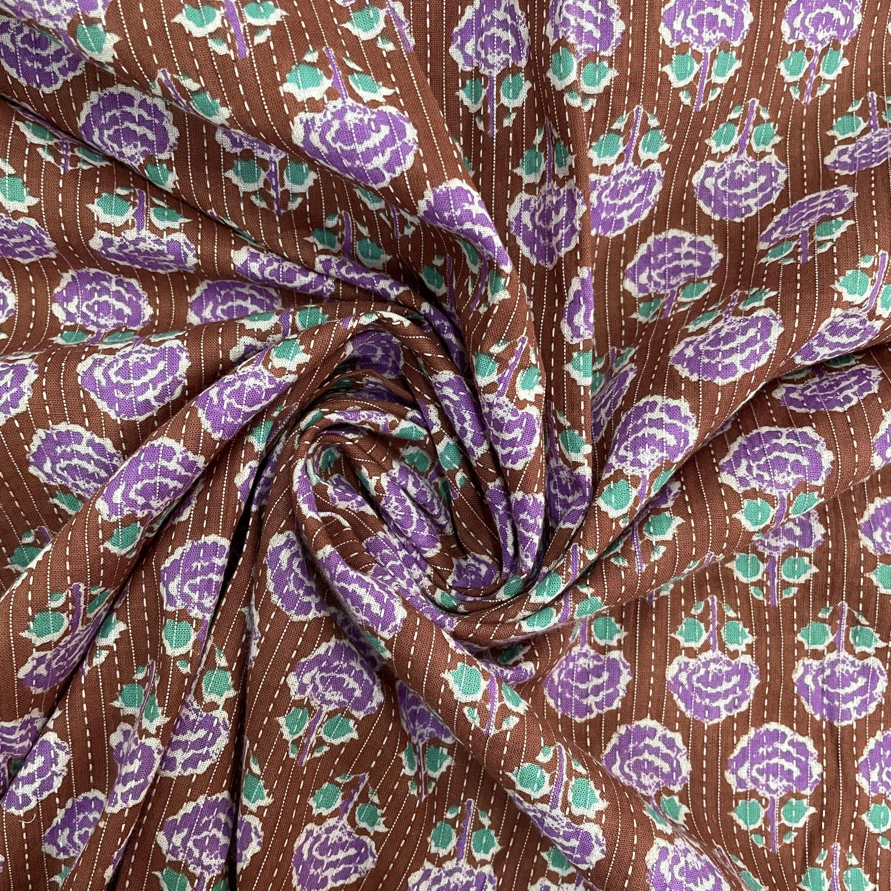 Brown & Purple Handblock Kantha Cotton Fabric