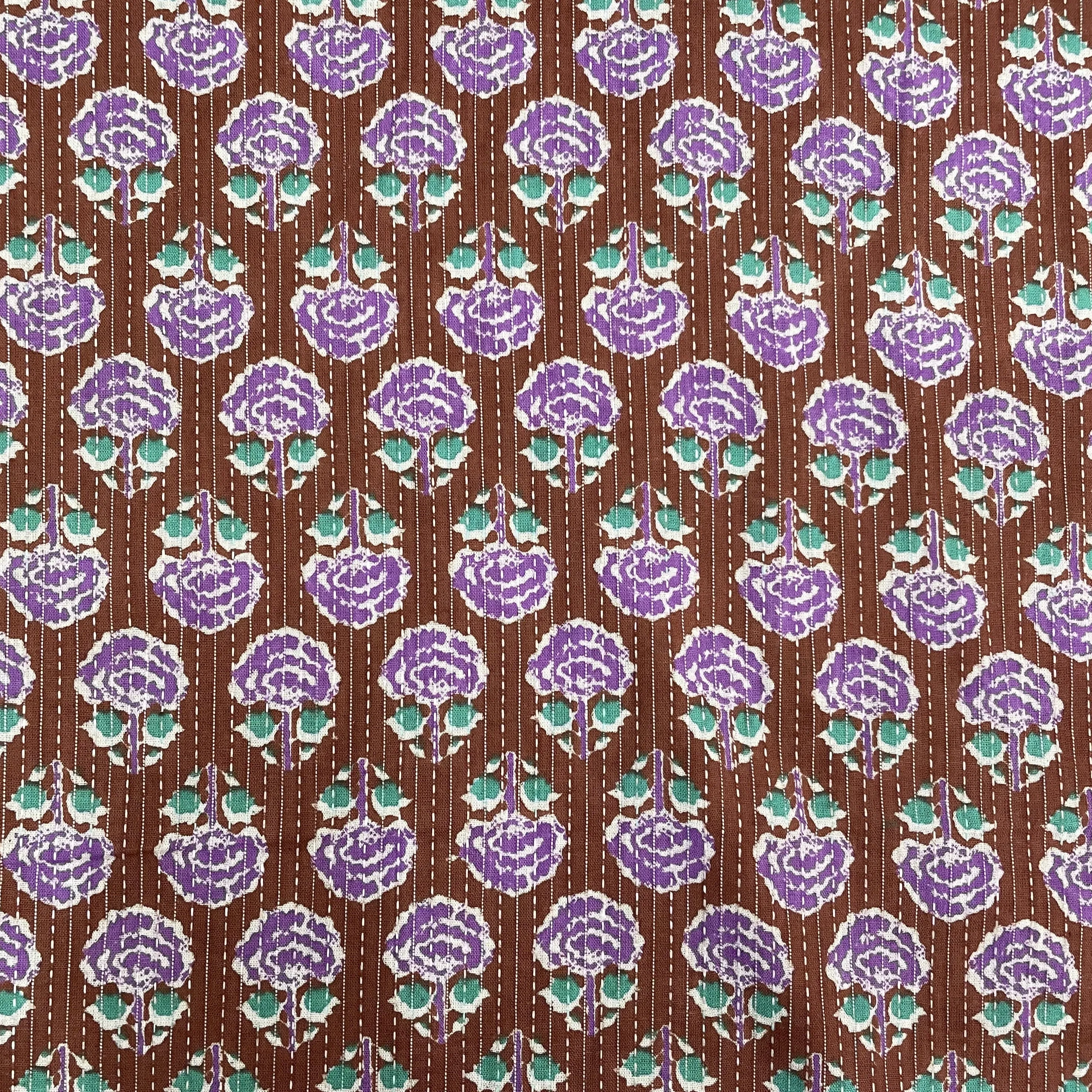 Brown & Purple Handblock Kantha Cotton Fabric