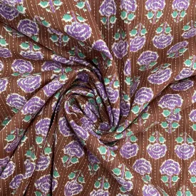 Brown & Purple Handblock Kantha Cotton Fabric