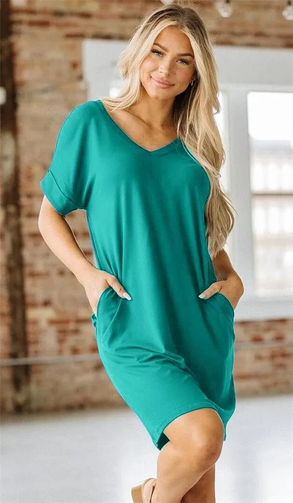 Camisunny Womens Short Sleeve Pleated Loose Swing Casual Dresses with Pockets Knee Length Summer V Neck Tunic Dress