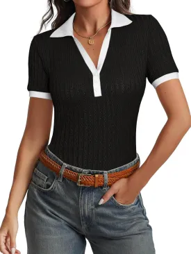 Cicy Bell Womens Fitted V Neck Polo Shirts Summer Short Sleeve Textured T-Shirts Ribbed Knit Dressy Casual Tops