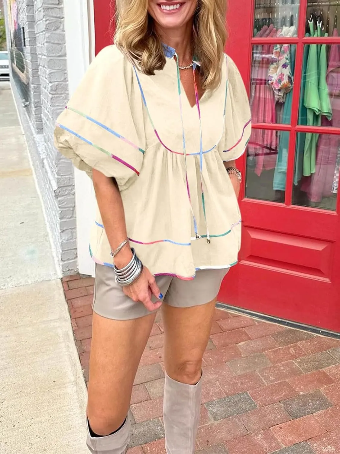Cicy Bell Womens Summer Babydoll Tops V Neck Short Lantern Sleeve Shirts Cute Loose Fit Peplum Flowy Blouses