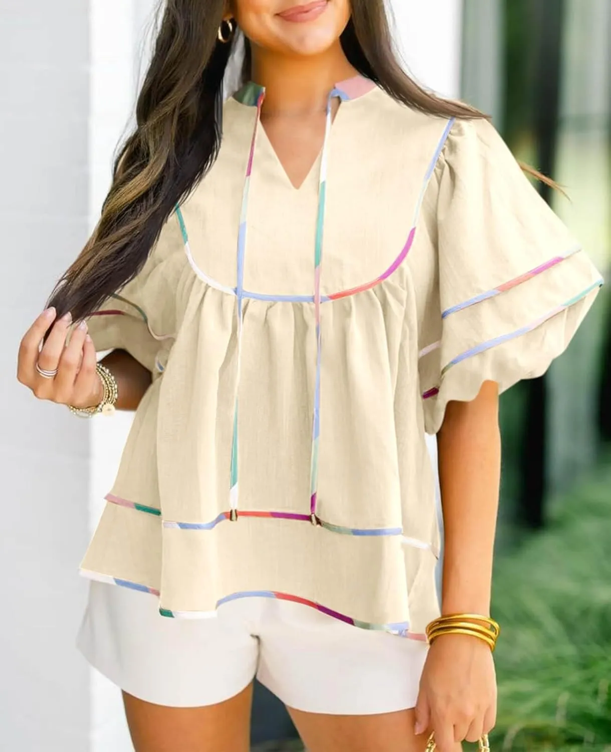 Cicy Bell Womens Summer Babydoll Tops V Neck Short Lantern Sleeve Shirts Cute Loose Fit Peplum Flowy Blouses