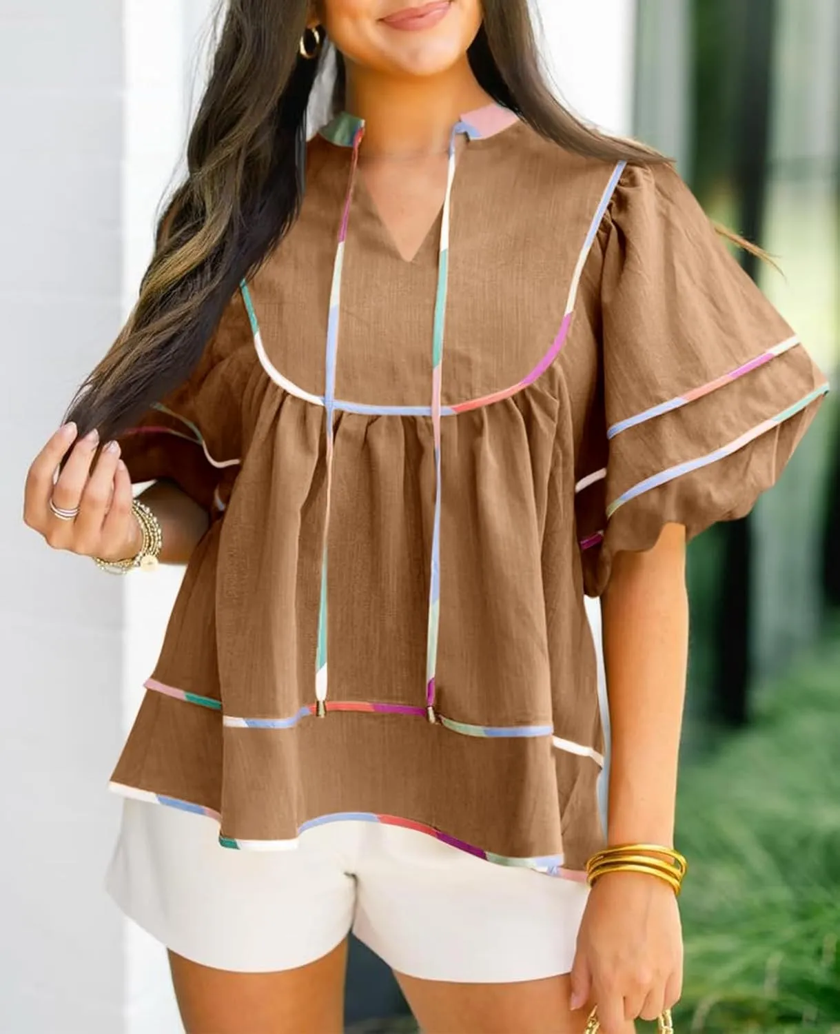 Cicy Bell Womens Summer Babydoll Tops V Neck Short Lantern Sleeve Shirts Cute Loose Fit Peplum Flowy Blouses