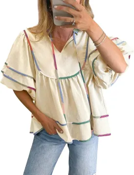 Cicy Bell Womens Summer Babydoll Tops V Neck Short Lantern Sleeve Shirts Cute Loose Fit Peplum Flowy Blouses