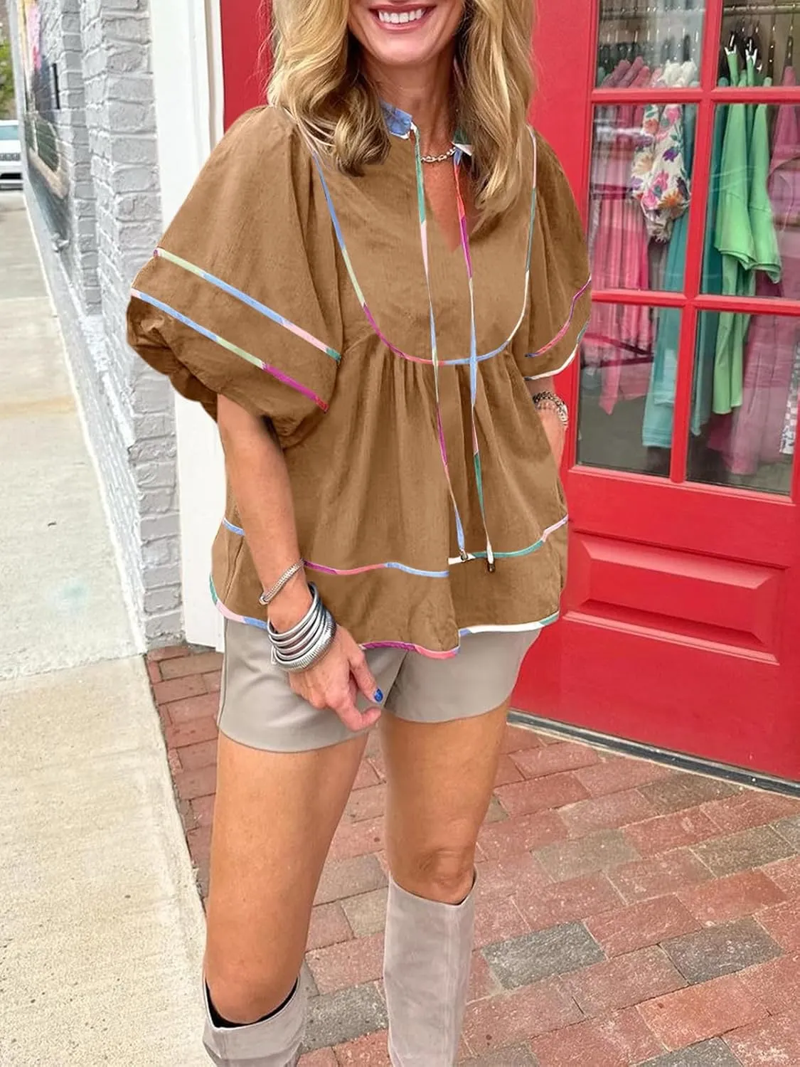 Cicy Bell Womens Summer Babydoll Tops V Neck Short Lantern Sleeve Shirts Cute Loose Fit Peplum Flowy Blouses