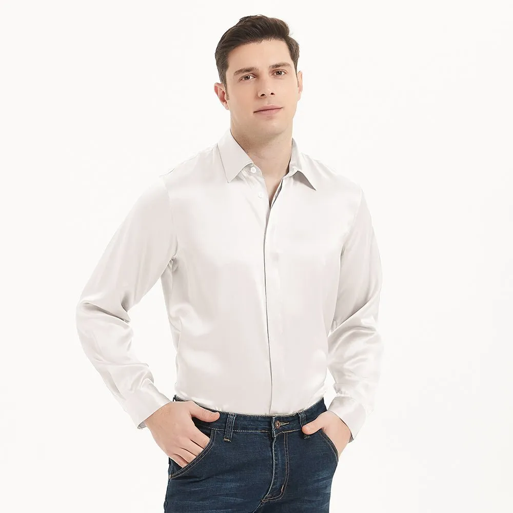 Classic Mens Silk Shirts Long Sleeves Hidden Button Business Silk Shirt
