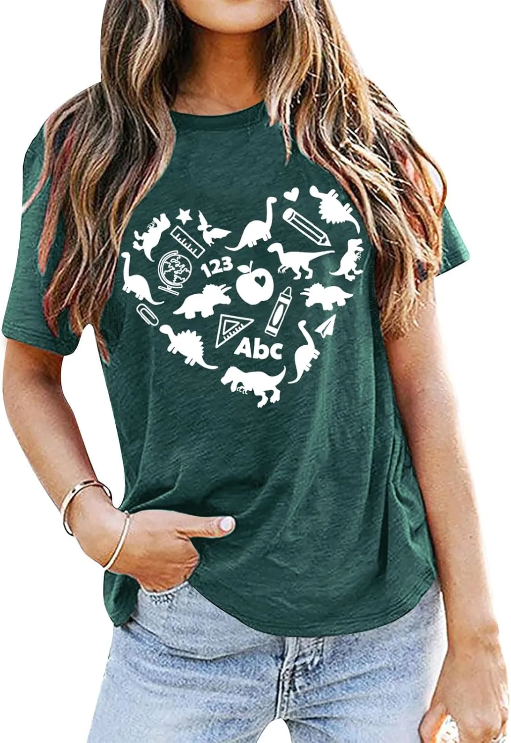 Dinosaur Shirts Women Funny Teacher Kindergarten T Shirt Heart Graphic Teaching Life Tee Tops Back to School Gifts