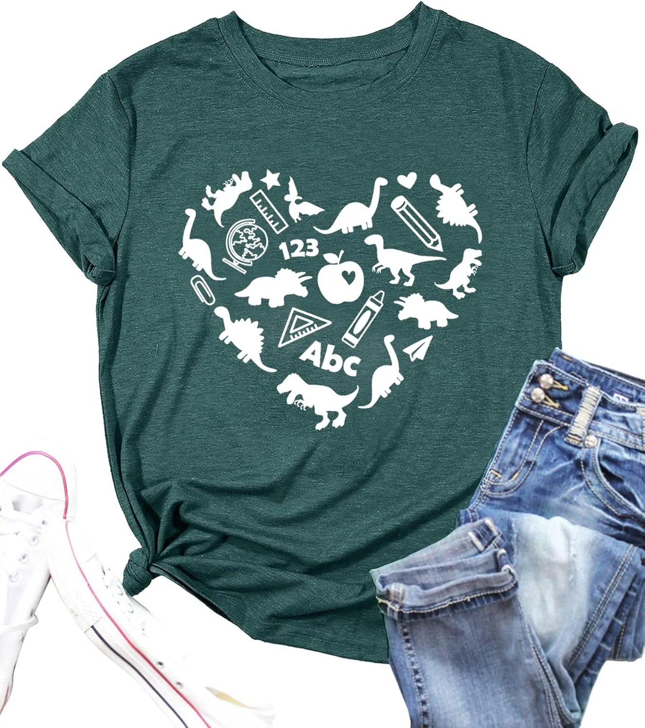 Dinosaur Shirts Women Funny Teacher Kindergarten T Shirt Heart Graphic Teaching Life Tee Tops Back to School Gifts