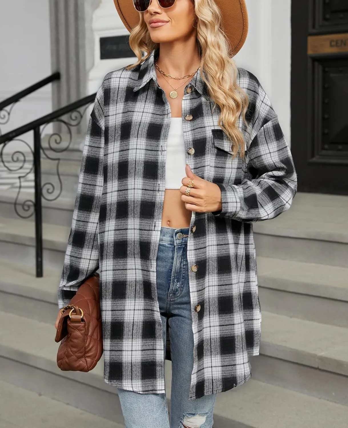 DJT Womens Fall Plaid Flannel Long Shirt Button Down Shirts Casual Loose Fit Shacket with Flap Pocket