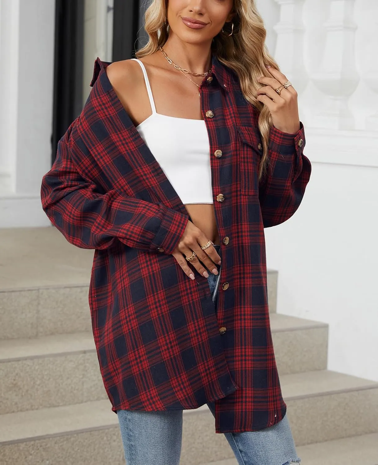 DJT Womens Fall Plaid Flannel Long Shirt Button Down Shirts Casual Loose Fit Shacket with Flap Pocket