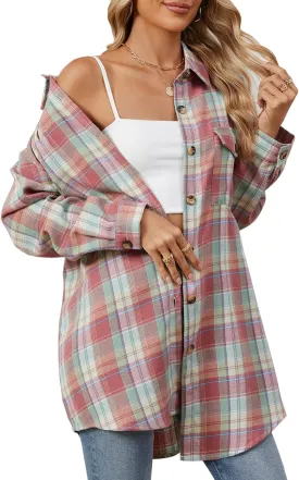 DJT Womens Fall Plaid Flannel Long Shirt Button Down Shirts Casual Loose Fit Shacket with Flap Pocket