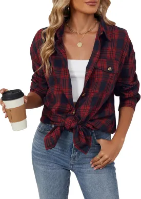DJT Womens Fall Plaid Flannel Long Shirt Button Down Shirts Casual Loose Fit Shacket with Flap Pocket