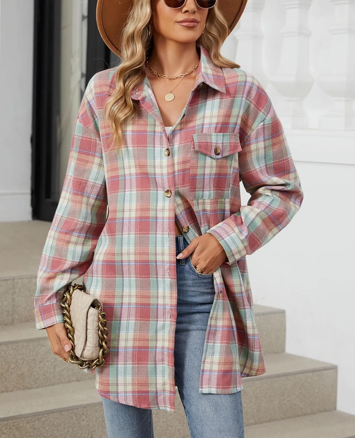 DJT Womens Fall Plaid Flannel Long Shirt Button Down Shirts Casual Loose Fit Shacket with Flap Pocket