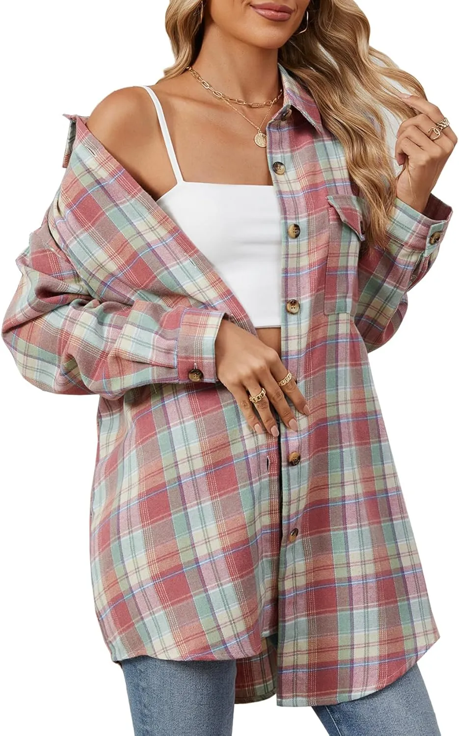 DJT Womens Fall Plaid Flannel Long Shirt Button Down Shirts Casual Loose Fit Shacket with Flap Pocket