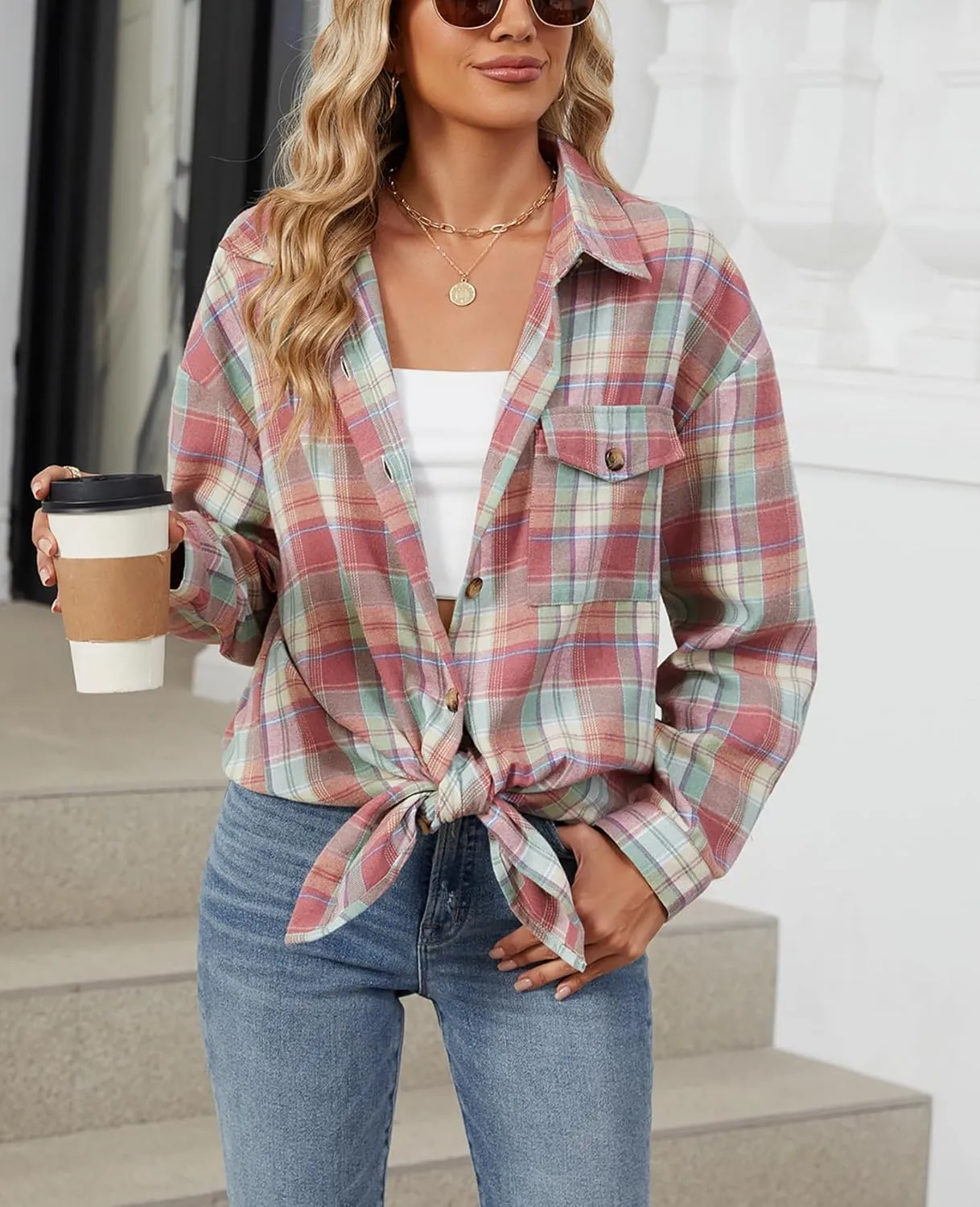 DJT Womens Fall Plaid Flannel Long Shirt Button Down Shirts Casual Loose Fit Shacket with Flap Pocket