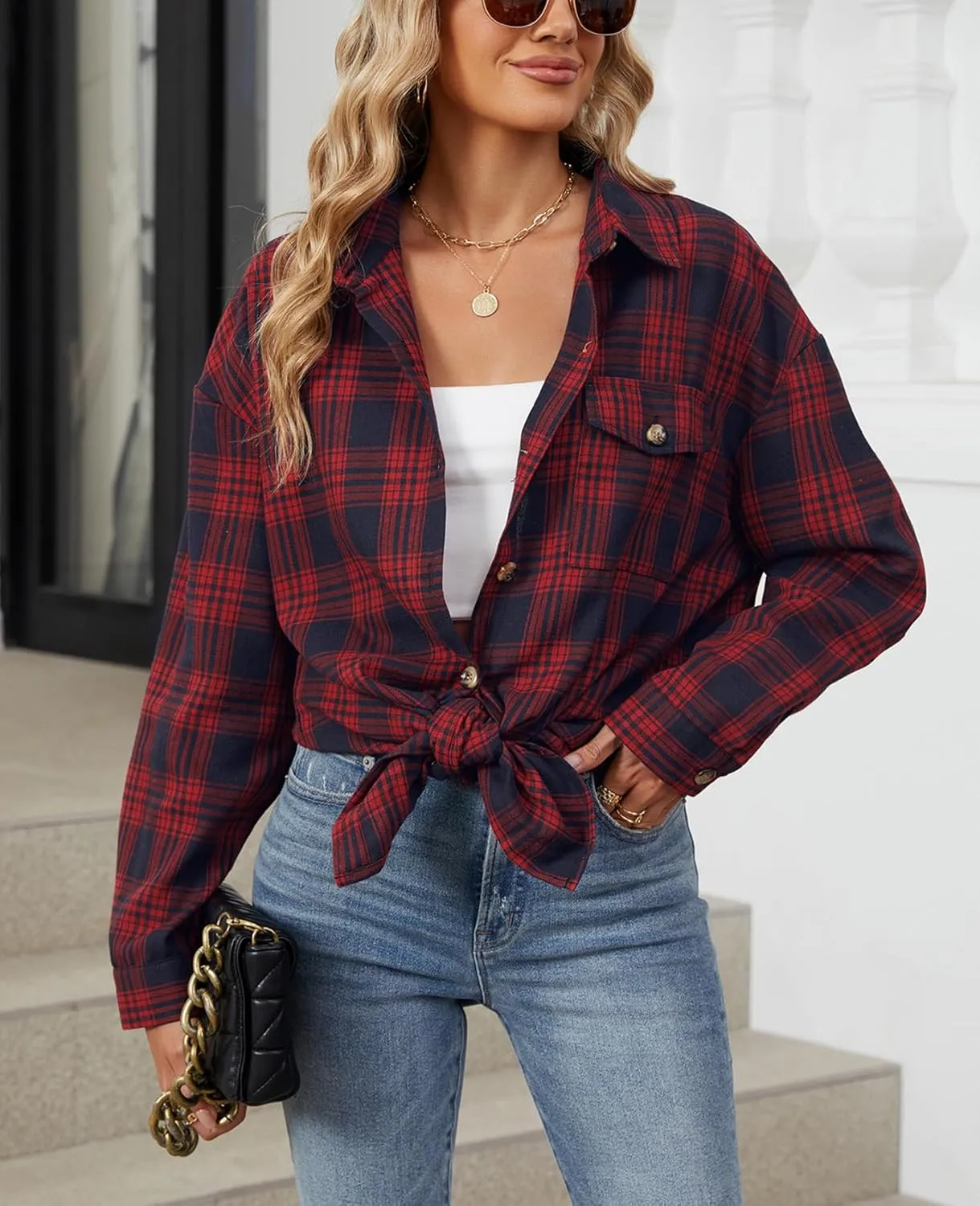 DJT Womens Fall Plaid Flannel Long Shirt Button Down Shirts Casual Loose Fit Shacket with Flap Pocket