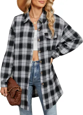 DJT Womens Fall Plaid Flannel Long Shirt Button Down Shirts Casual Loose Fit Shacket with Flap Pocket