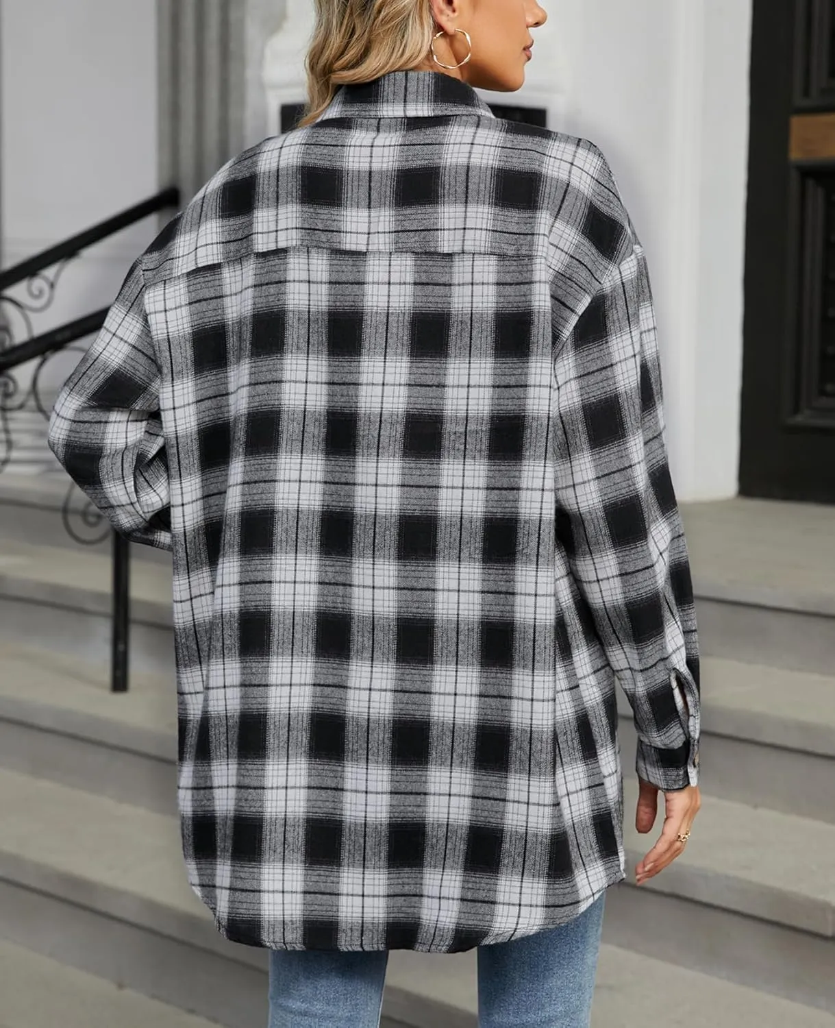 DJT Womens Fall Plaid Flannel Long Shirt Button Down Shirts Casual Loose Fit Shacket with Flap Pocket