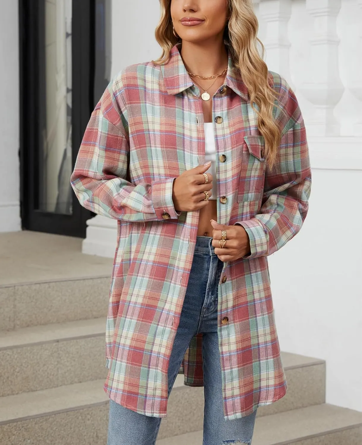 DJT Womens Fall Plaid Flannel Long Shirt Button Down Shirts Casual Loose Fit Shacket with Flap Pocket