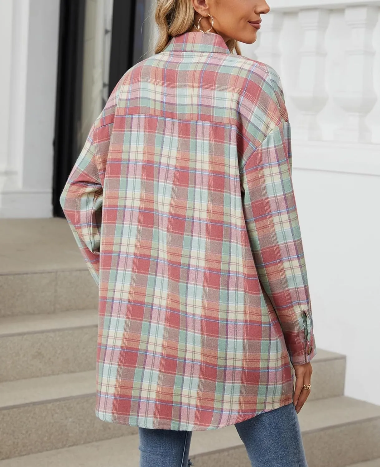 DJT Womens Fall Plaid Flannel Long Shirt Button Down Shirts Casual Loose Fit Shacket with Flap Pocket