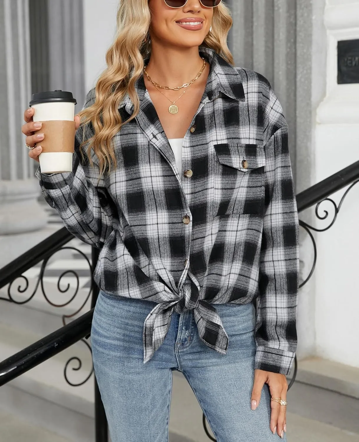 DJT Womens Fall Plaid Flannel Long Shirt Button Down Shirts Casual Loose Fit Shacket with Flap Pocket