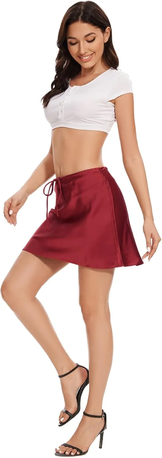 Dxyufazhe Women's Casual Drawstring Satin Mini Skater Skirt High Waisted Short Pleated Skirts