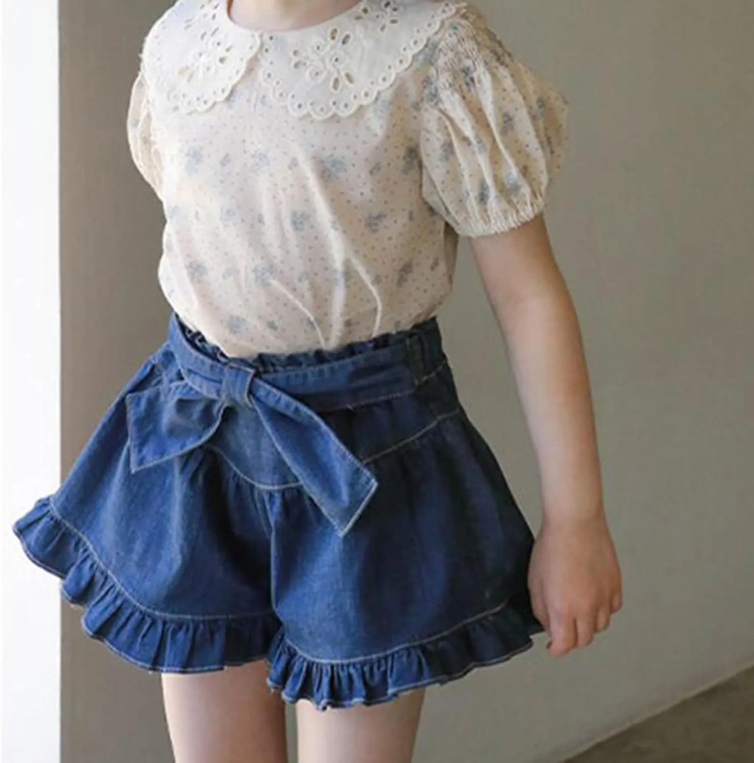Girls Denim Shorts 2 Layers Ruffles Lace Kids Baby Workout Fashion Skirt Shorts Summer Beach Sports Short Pants