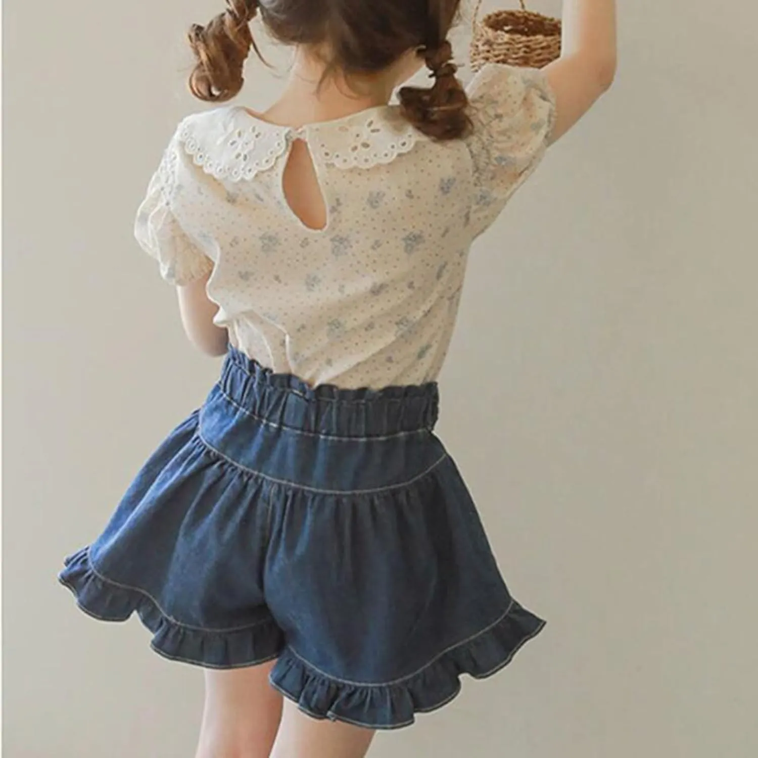 Girls Denim Shorts 2 Layers Ruffles Lace Kids Baby Workout Fashion Skirt Shorts Summer Beach Sports Short Pants