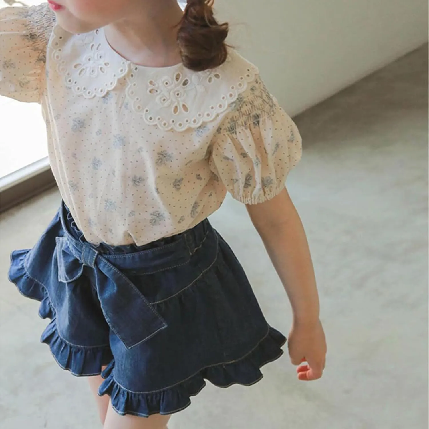 Girls Denim Shorts 2 Layers Ruffles Lace Kids Baby Workout Fashion Skirt Shorts Summer Beach Sports Short Pants